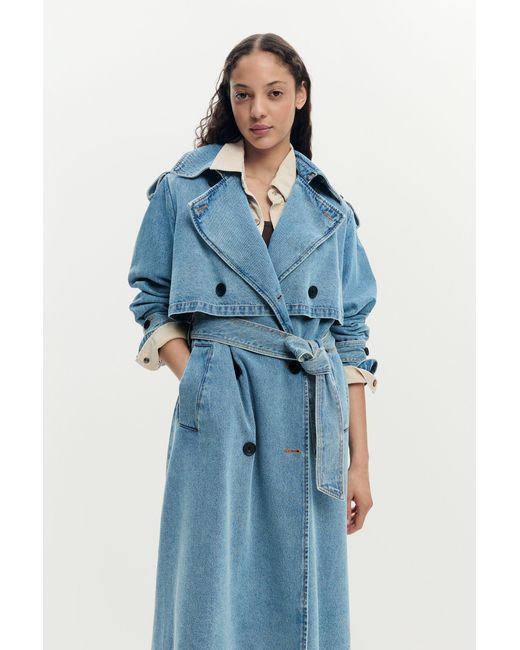 Desigual Blue Denim Trench Coat Belt, Cotton
