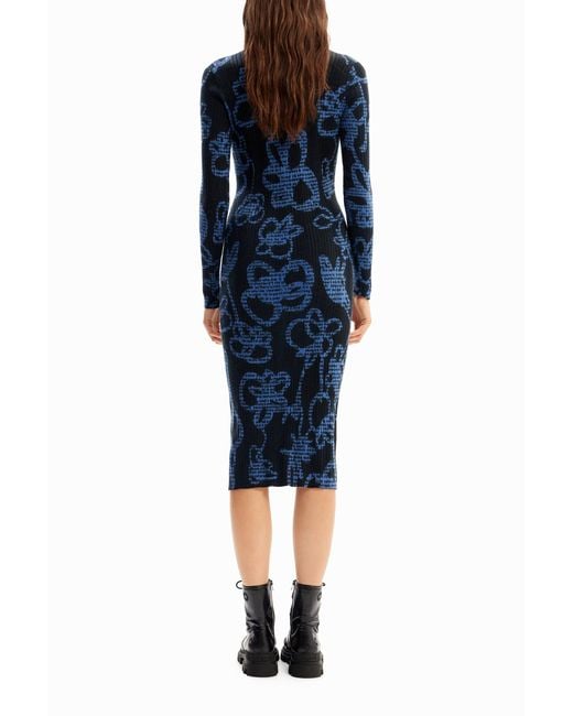Desigual Blue Floral Knit Midi Dress