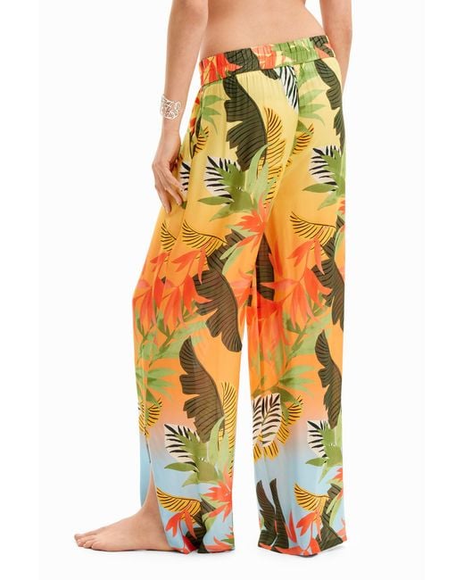 Desigual White Tropical Wide-Leg Trousers, Viscose