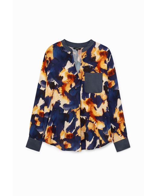 Desigual Blue Bluse Mit Langen Ärmeln Und V-Ausschnitt