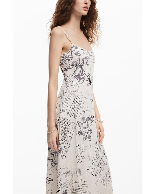 Desigual White Newspaper Print Dress, Polyester