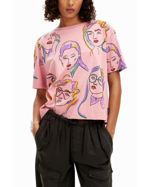 Desigual Pink Arty Faces T-Shirt, Cotton
