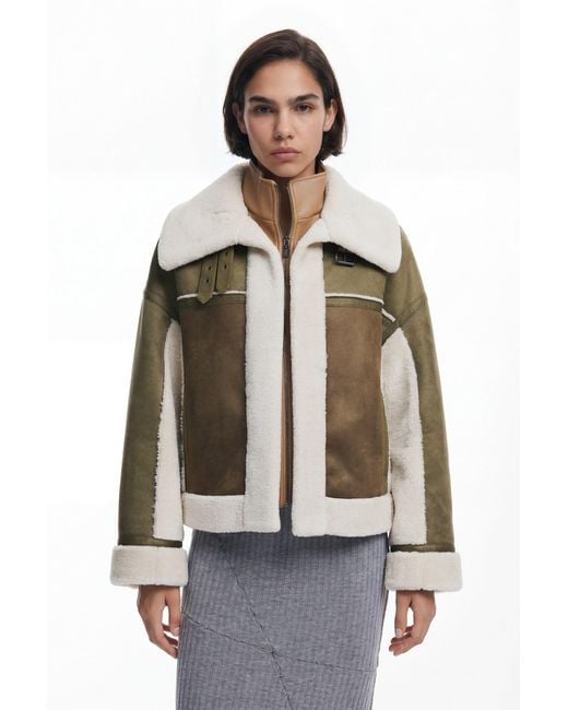 Desigual Green Shearling Biker Jacket, Polyester