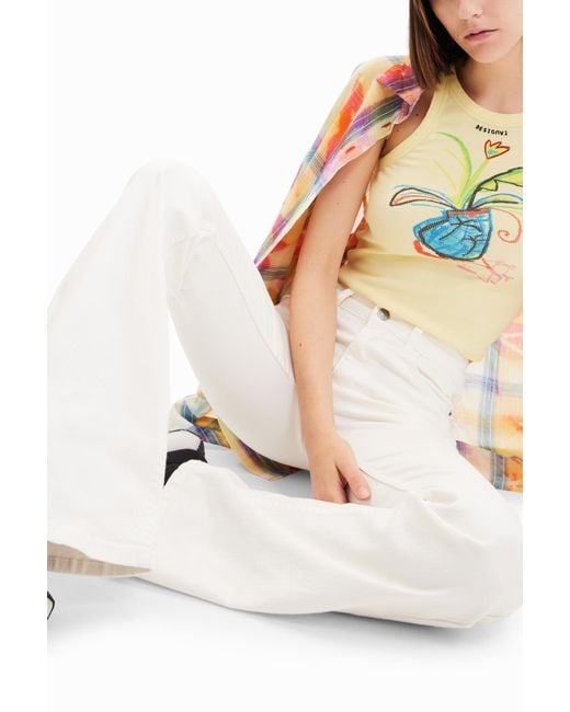 Desigual White Long Flare Jeans, Cotton