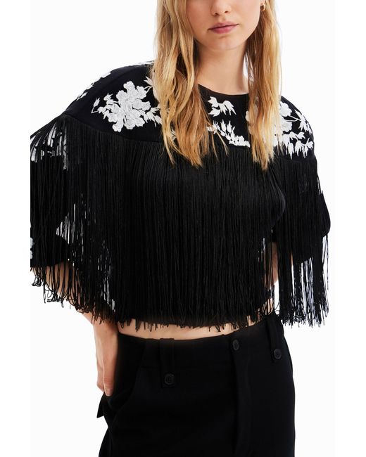 Desigual Black Fringed Embroidered Blouse, Viscose