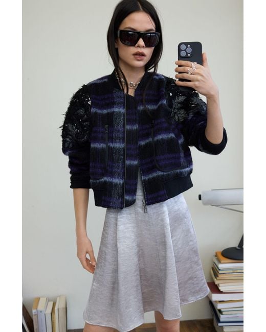 Desigual Blue Embroidered Checked Bomber