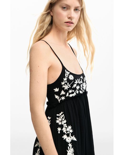 Desigual Black Embroidered Fluid Strap Dress, Viscose