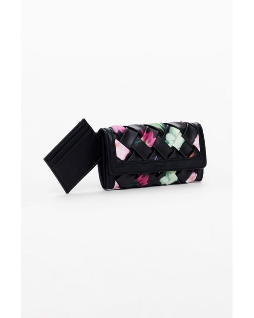 Desigual Black Large Braided Floral Wallet, Polyurethane