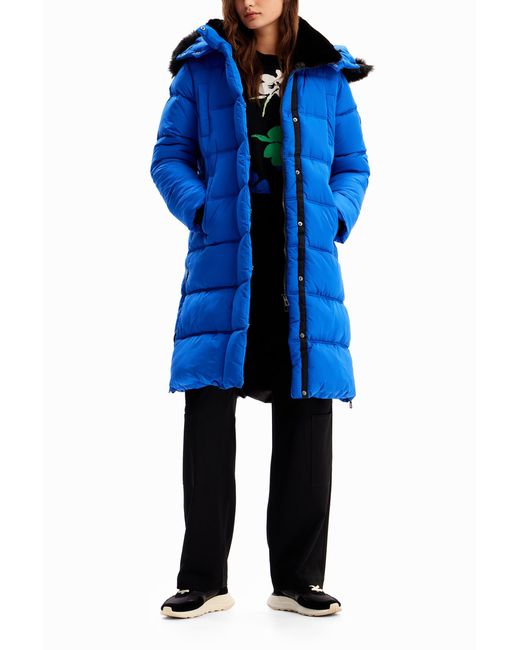 Desigual Blue Quilted Belted Coat, Polyester