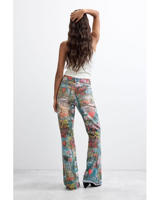 Desigual Blue Printed Flare Jeans, Cotton