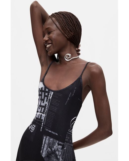 Desigual Blue Printed Strappy Dress, Polyester