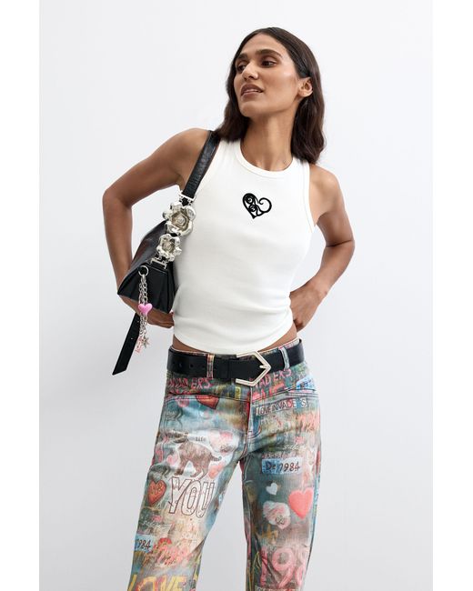 Desigual Blue Printed Flare Jeans, Cotton