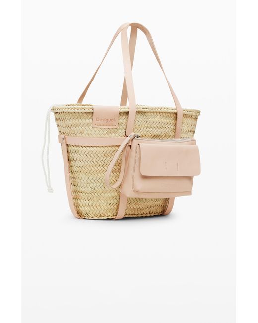 Desigual Natural L Leather Wicker Basket, Straw