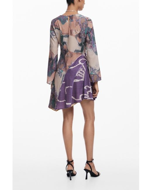 Desigual Brown Asymmetric Printed Dress, Polyester