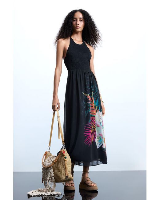 Desigual Black Tropical Halter Dress, Polyester