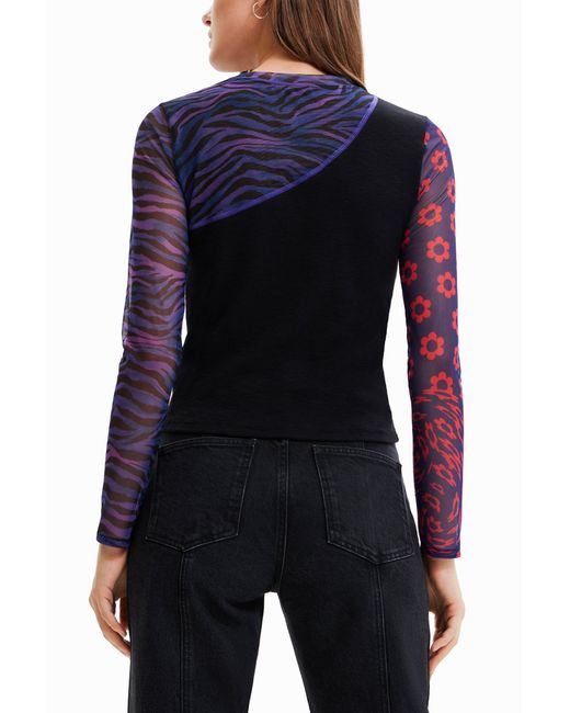 Desigual Blue Patchwork Tulle T-Shirt With Message