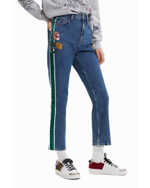 Desigual Blue Straight Cropped Strip Jeans