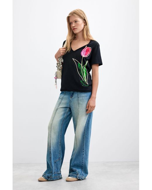 Desigual Black Floral Print T-Shirt 100% Cotton, Cotton