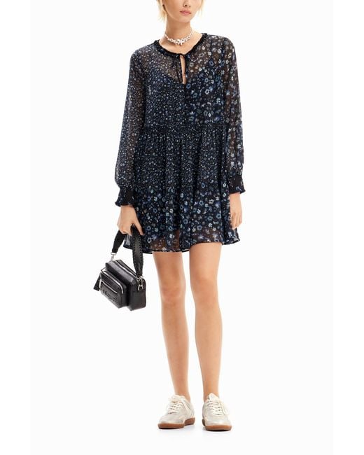 Desigual Blue Short Floral Chiffon Dress, Polyester