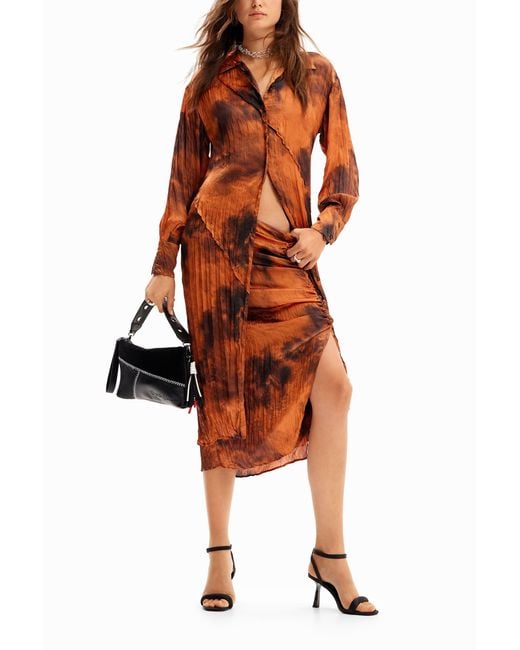 Desigual Orange Adjustable Gathered Midi Skirt, Polyester