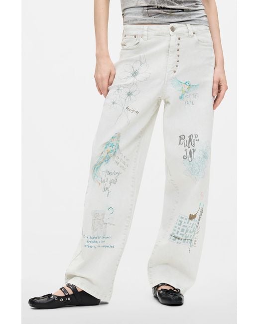 Desigual White Long Printed Jeans, Cotton