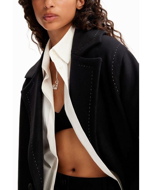 Desigual Black Stitching Wool Coat