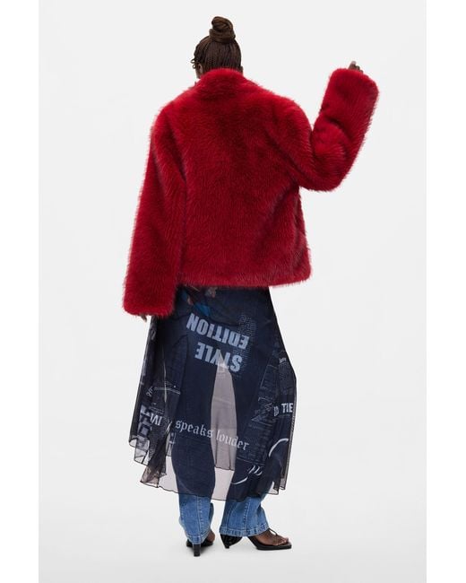 Desigual Red Short Fur Coat, Polyester