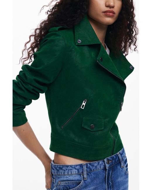 Desigual Green Textured Biker Jacket, Polyurethane