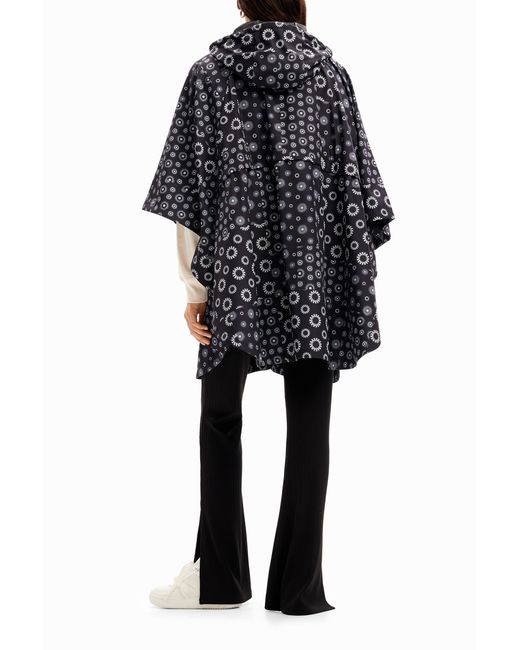 Desigual Black Geometric Hooded Raincoat, Polyester