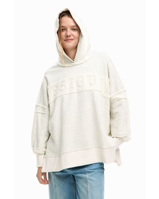 Desigual White Oversize Sweatshirt With Hood, Cotton