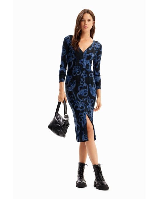 Desigual Blue Floral Knit Midi Dress