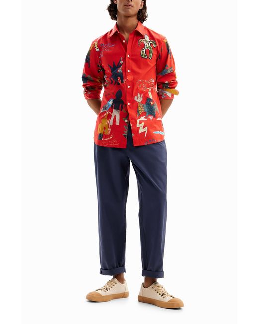 Desigual Red Poplin Shirt With Illustrations. Cotton for men