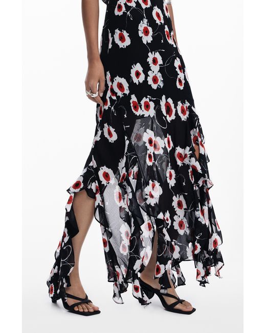 Desigual White Poppy Ruffle Midi Dress, Polyester