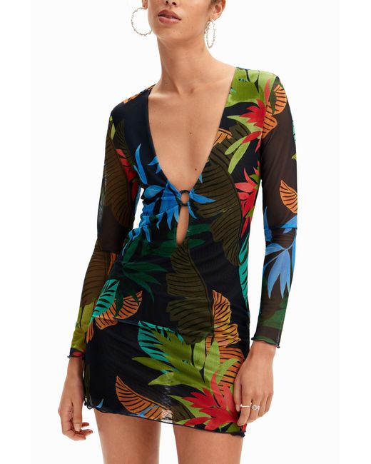 Desigual Blue Tropical Tulle Mini Dress, Polyester