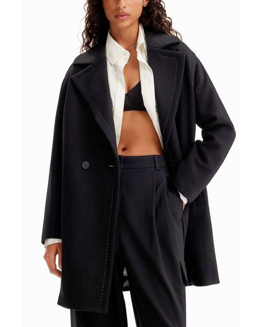Desigual Black Stitching Wool Coat
