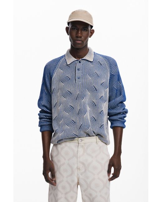 Desigual Blue Heathered Polo Sweater, Cotton for men
