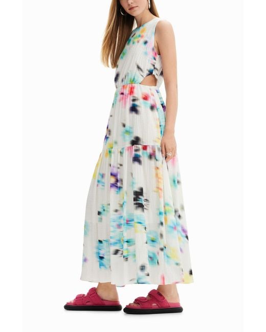 Desigual White Long Blurry Cut-Out Dress, Polyester