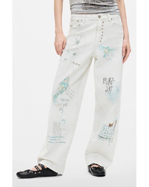 Desigual White Printed Balloon Jeans, Cotton