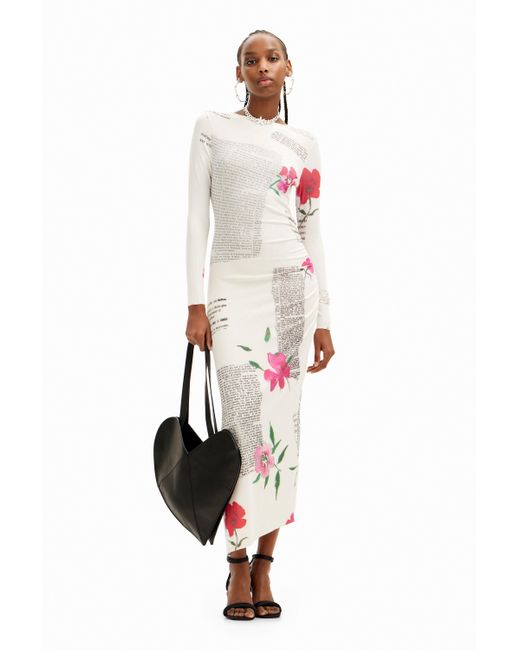 Desigual White Fitted Text Midi Dress