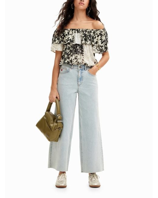 Desigual White Patchwork Floral Ruffle Blouse, Viscose
