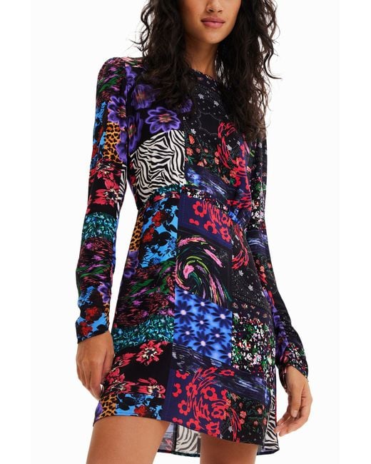Robe Courte Découpe Patchwork, Femme, Viscose, Noir Desigual en coloris Blue