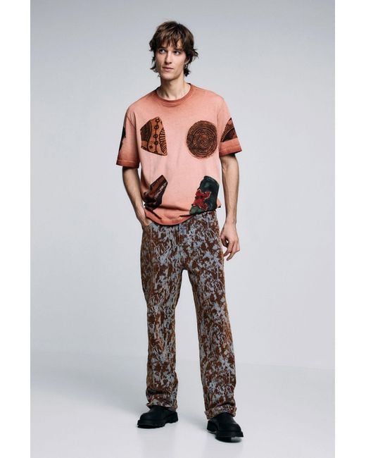 Desigual Orange Short-Sleeved Patchwork T-Shirt, Cotton for men