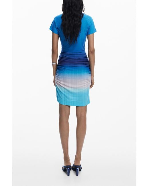 Desigual Blue Short Dress With Draped Skirt, Polyester