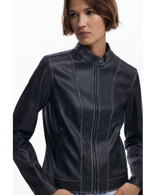 Desigual Blue Jacket With Worn Leather Effect