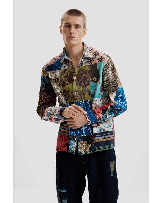 Desigual Blue Shirt With Fish Patch Effect, Cotton for men