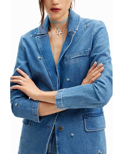 Desigual Blue Denim Blazer With Small Flowers, Cotton