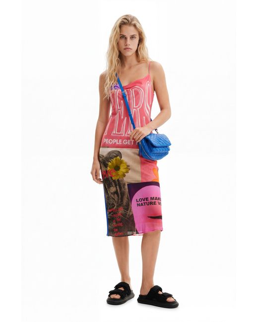 Desigual Red Collage Lingerie Midi Dress, Viscose