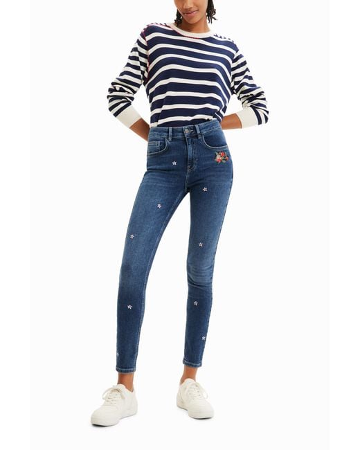 Desigual Blue Flower Skinny Push-Up Jeans, Cotton