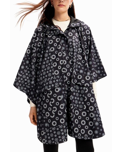 Desigual Black Geometric Hooded Raincoat, Polyester