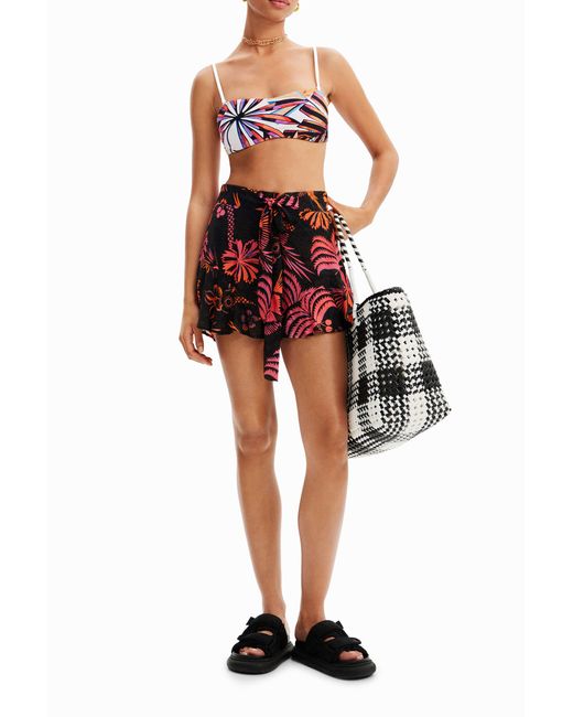 Desigual Red Tropical Ruffle Shorts, Viscose